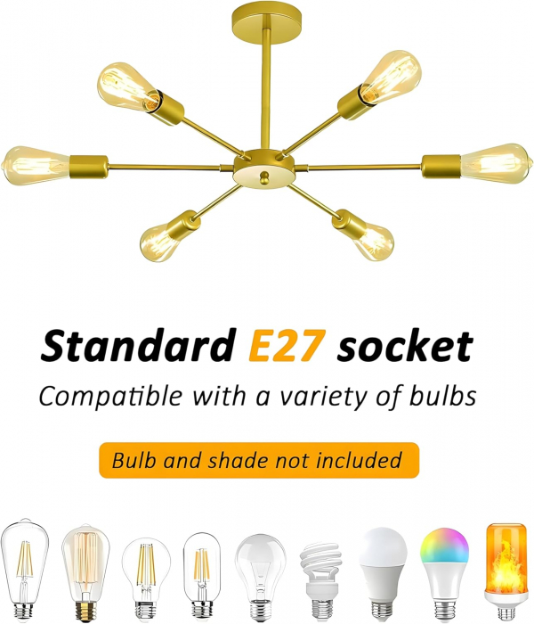Lampa suspendata aurie din metal, cu 6 brate, bec E27 [2]