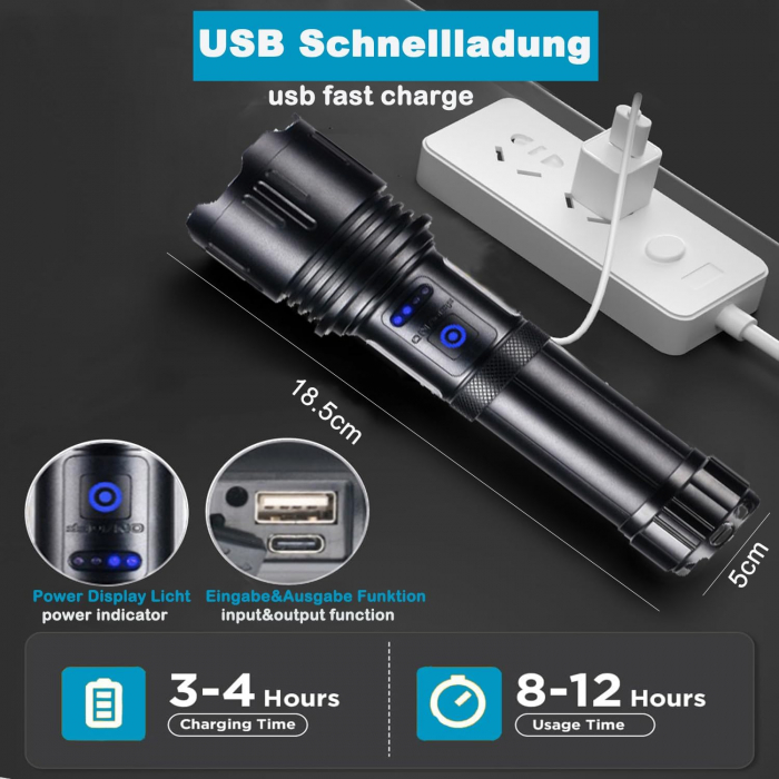 Lanternă tactică LED 50000 lumeni, reîncărcabilă USB și impermeabilă IPX67, extrem de luminoasă, 10 moduri de iluminare, pentru camping și iluminat de acasă [3]