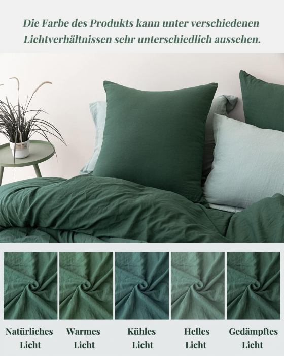 Lenjerie de pat 135x200 cm 4 bucati, perni 80x80 cm, certificat OekoTex potrivit pentru persoanele alergice, verde inchis cu fermoar [5]