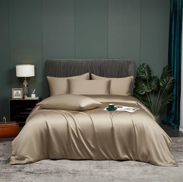 Lenjerie de pat din bambus, poliester, simplă, netedă, mătăsoasă, kaki, pilota 260x240 cm cu 2 fete perini 65x65 cm [3]