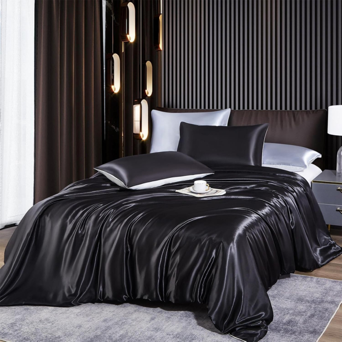 Lenjerie de pat din satin negru, husa pilota 220x240 cm, 2 fete perini 65x65 cm [2]