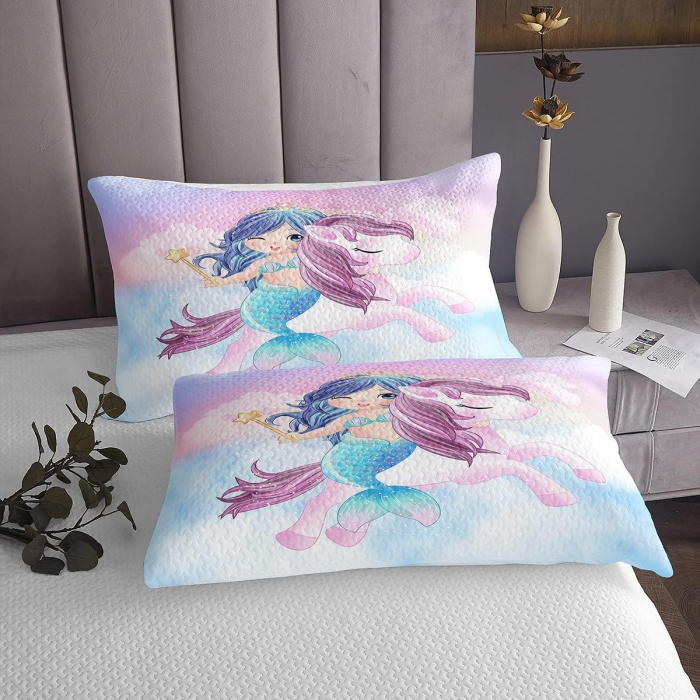 Lenjerie de pat matlasata cu model unicorn și sirenă, husa pilota 220x240 cm, 2 fete perini 50x75 cm [4]