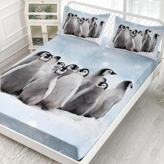 Lenjerie de pat cu model Pinguini, cearsaf saltea 160x200 cm si 2 fete perini 80x80 cm [2]