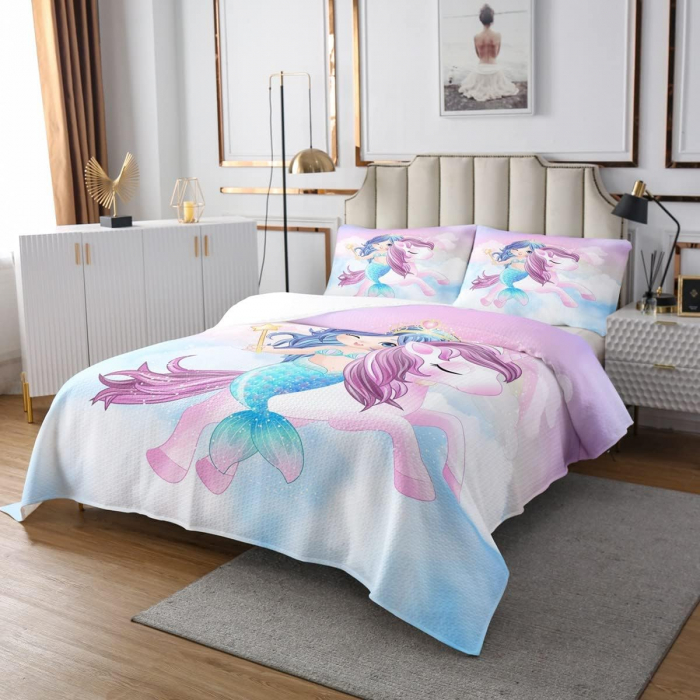 Lenjerie de pat matlasata cu model unicorn și sirenă, husa pilota 220x240 cm, 2 fete perini 50x75 cm [3]
