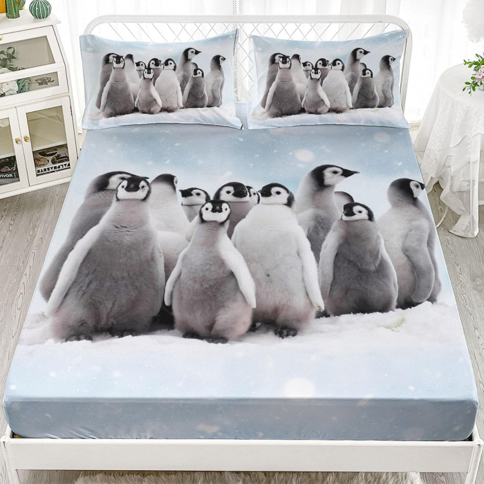 Lenjerie de pat cu model Pinguini, cearsaf saltea 160x200 cm si 2 fete perini 80x80 cm [1]