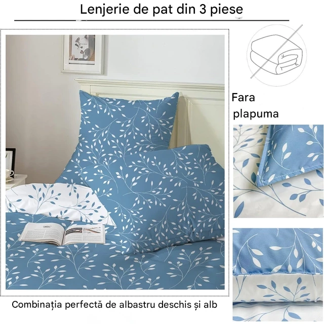 Lenjerie de pat cu uscare rapida 155x200  albastru cu model 3 piese-1 husa pilota+ 2 huse perini 80x80 cm [4]