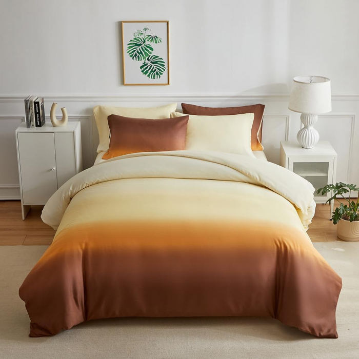 Lenjerie de pat cu uscare rapida 200x220  Maro cu galben 3 piese-1 husa pilota+ 2 huse perini 80x80 cm [1]