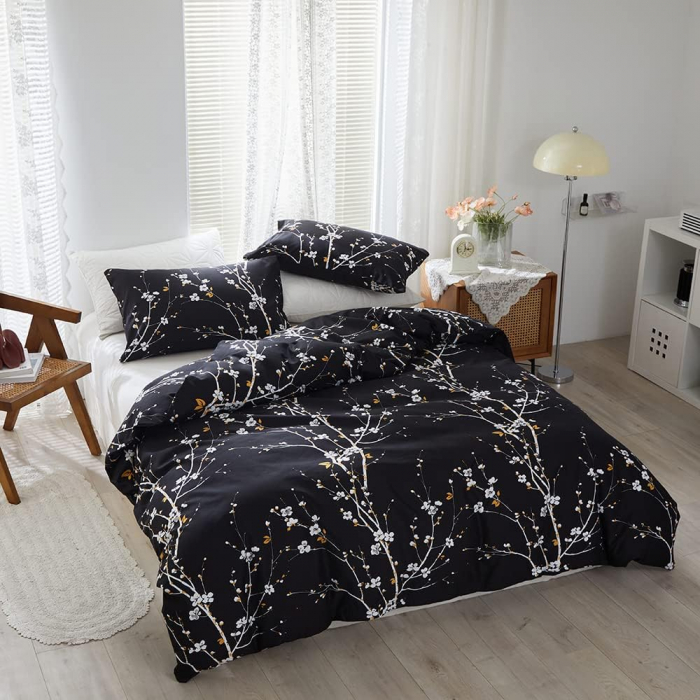 Lenjerie de pat 3 piese neagra cu crengute alba-1 husa pilota 240x220cm+ 2 huse perini 80x80 cm [2]