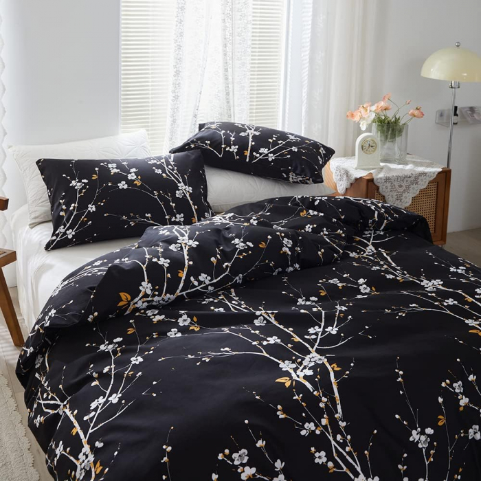 Lenjerie de pat 3 piese neagra cu crengute alba-1 husa pilota 240x220cm+ 2 huse perini 80x80 cm [4]