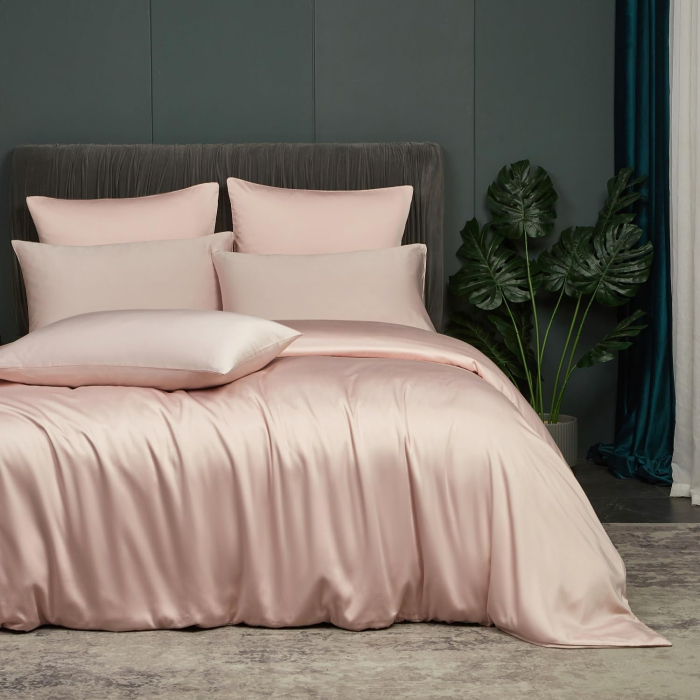 Lenjerie de pat din bambus, poliester, simplă, netedă, mătăsoasă, roz, pilota 260x240 cm cu 2 fete perini 65x65 cm [2]