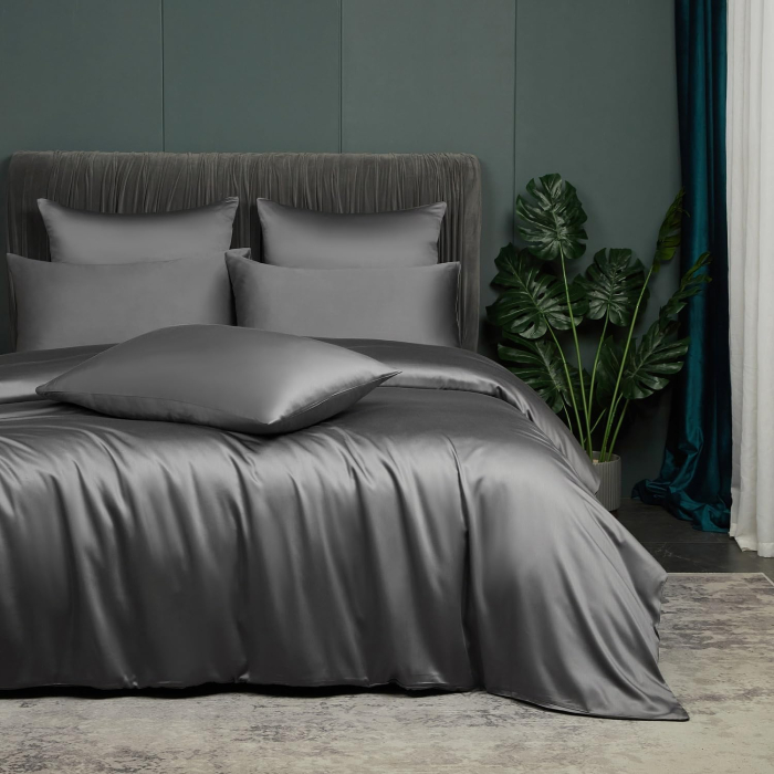 Lenjerie de pat din bambus, poliester, simplă, netedă, mătăsoasă, gri, pilota 260x240 cm cu 2 fete perini 65x65 cm [2]