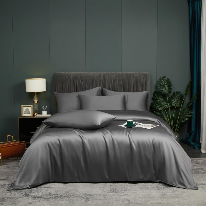 Lenjerie de pat din bambus, poliester, simplă, netedă, mătăsoasă, gri, pilota 220x240 cm cu 2 fete perini 65x65 cm [3]