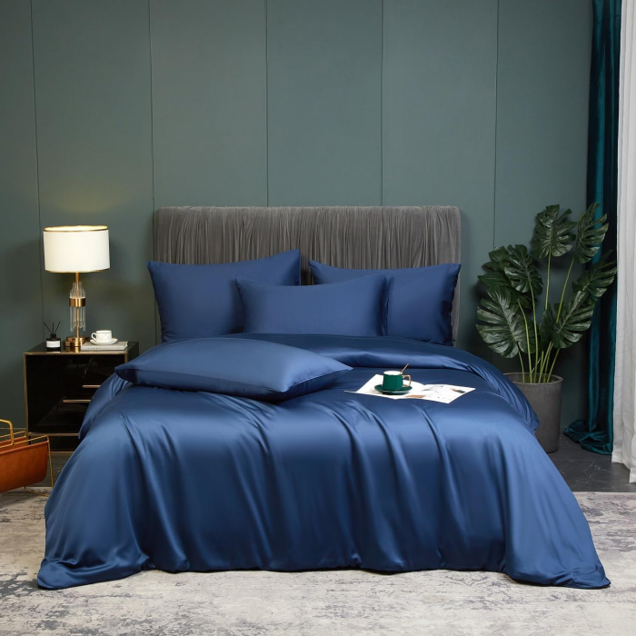 Lenjerie de pat din bambus, poliester, simplă, netedă, mătăsoasă, albastru, pilota 260x240 cm cu 2 fete perini 65x65 cm [3]
