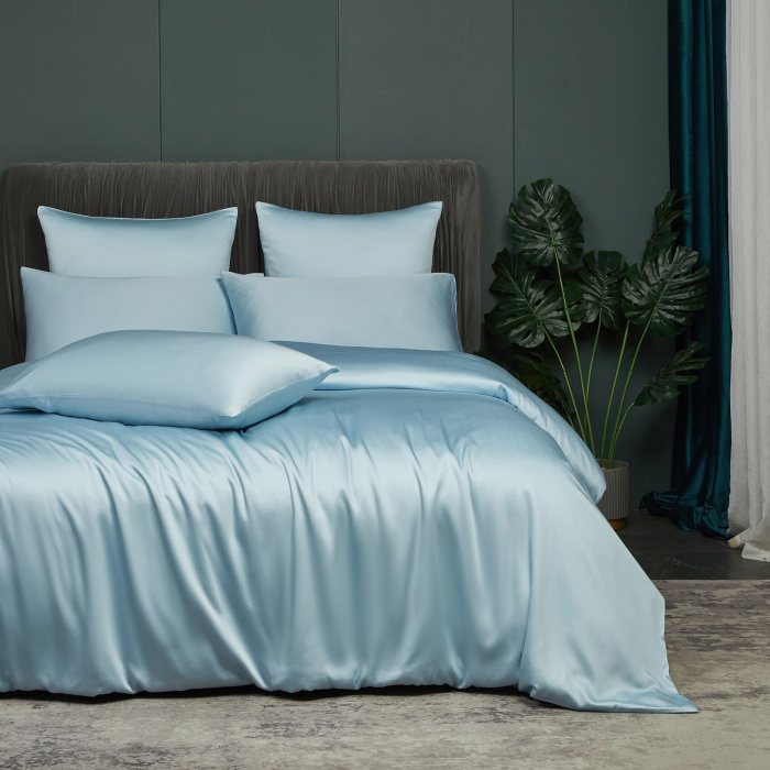 Lenjerie de pat din bambus, poliester, simplă, netedă, mătăsoasă, bleu, pilota 260x240 cm cu 2 fete perini 65x65 cm [2]