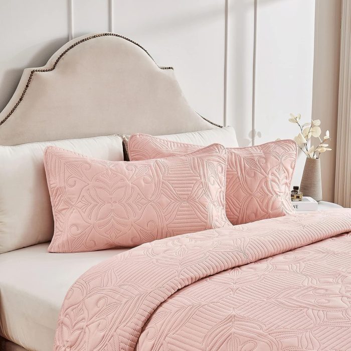 Cuvertura de pat 220x200 cm cu 2 fete perini 50x50, model floral roz [4]