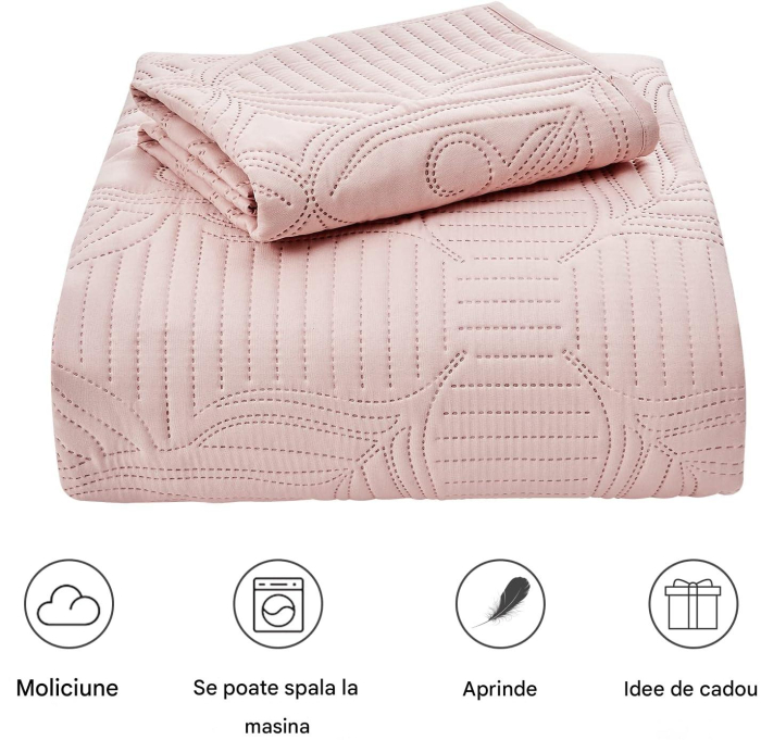 Cuvertura de pat 220x200 cm cu 2 fete perini 50x50, model floral roz [7]