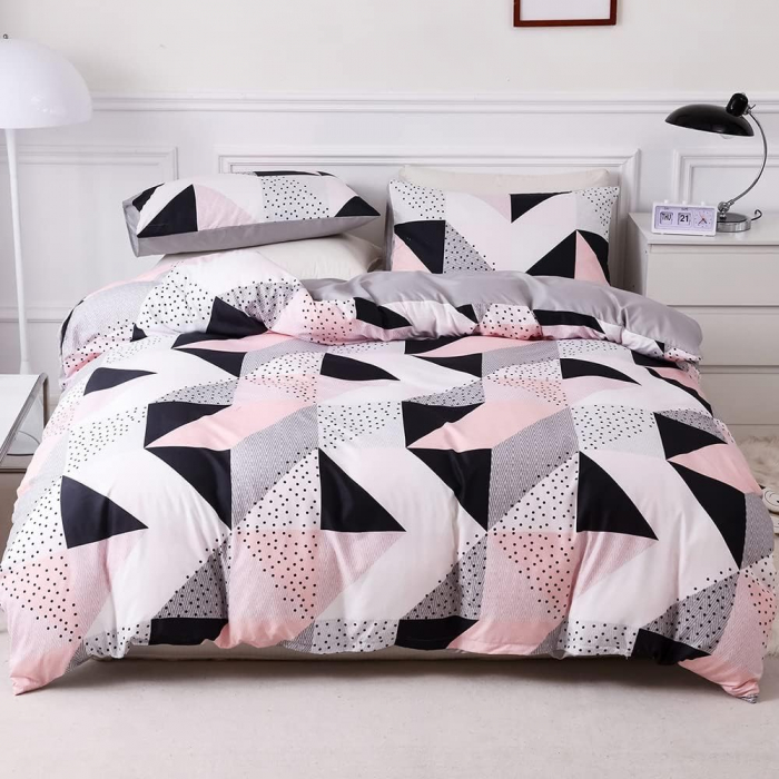 Lenjerie de pat Design Geometric Negru Roz, husa pilota 240x220 cm, 2 fete perini 80x80 cm [7]