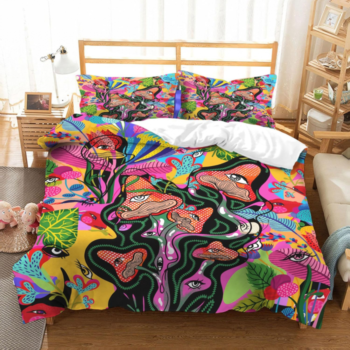 Lenjerie de pat pilota 135x200 cm, 1 fata perina 80x80 cm imprimeu ciuperci [1]