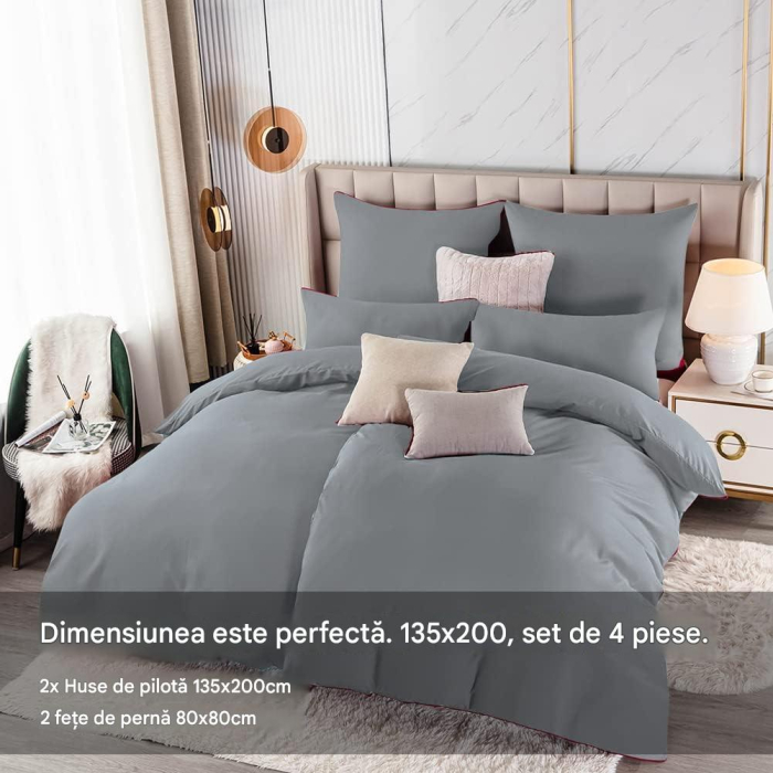 Lenjerie gri de pat , husa pilota 2x135x200 cm, 2 fete perini 80x80 cm [6]