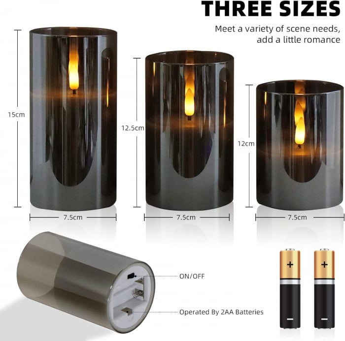 Lumanari decorative fumurii cu LED-uri si telecomanda, pe baterii set 3 bucati [3]