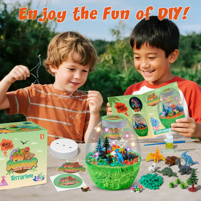 Lumină de noapte în formă de terariu cu dinozauri si accesorii pentru o lume magica [5]