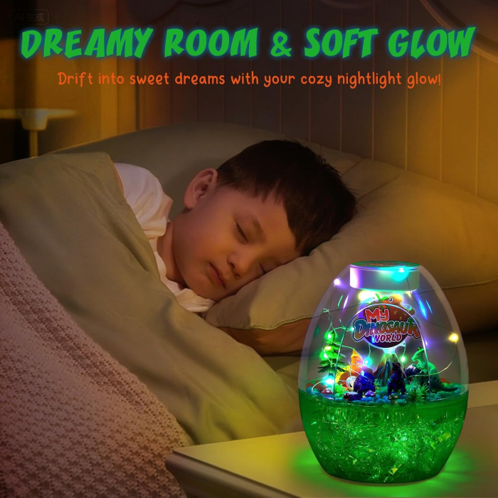 Lumină de noapte în formă de terariu cu dinozauri si accesorii pentru o lume magica [7]