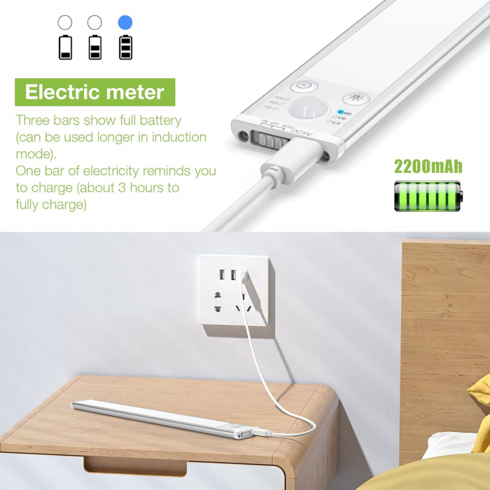Lumină LED pentru dulap cu senzor de mișcare, 2200 mAh reîncărcabilă prin USB 40CM 2 buc [6]