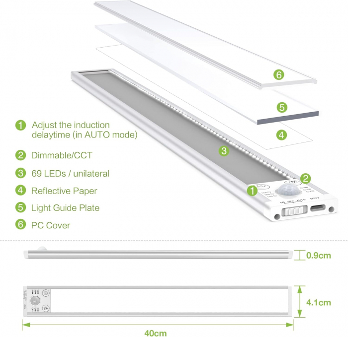 Lumină LED pentru dulap cu senzor de mișcare, 2200 mAh reîncărcabilă prin USB 40CM 2 buc [4]