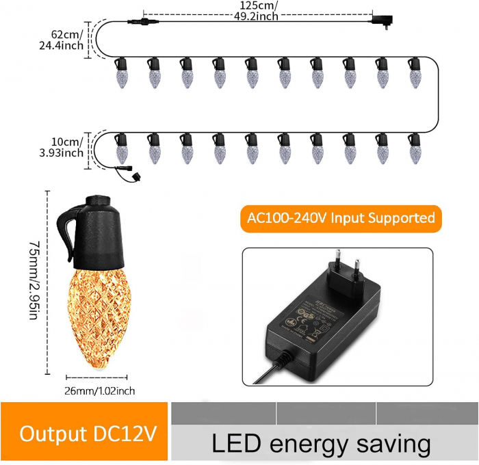 Lumini LED în aer liber 15M, instalatie 20 bucăți din plastic, IP65 AC230V 2700-3200K, alb cald 1W [6]
