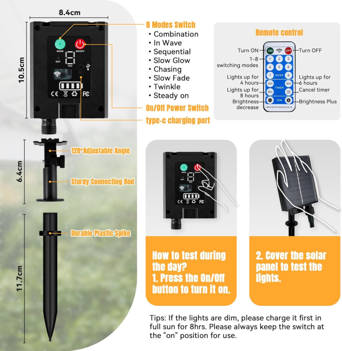 Lumini solare pentru exterior, 65 LED-uri, IP65, cu 8 moduri de iluminare, 10 m [4]