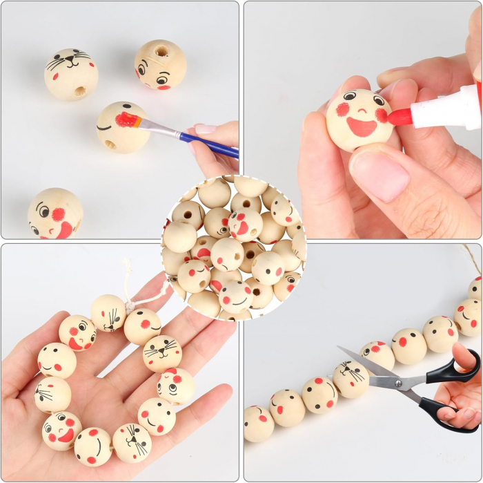 Margele SMILE din lemn natural de 20 mm, cu gaura pentru bijuterii- bratara colier, gaura 5 mm, 4 stiluri, set 120 piese [7]