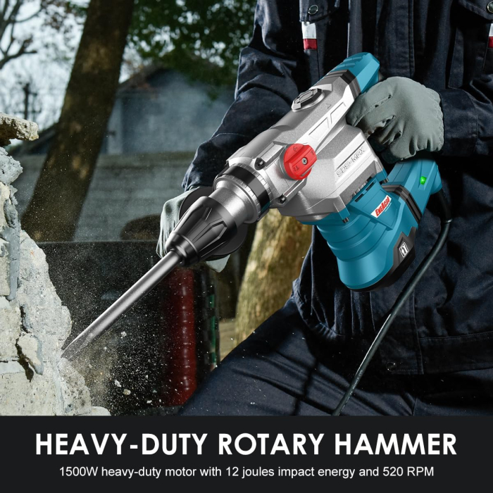 Ciocan rotativ SDS-MAX 12 Jouli 1500W, cu 3 funcții, mâner anti-vibrație și cuplare de siguranță, capacitate de conducere de 40 mm în beton, cu foraj și cip, set [7]