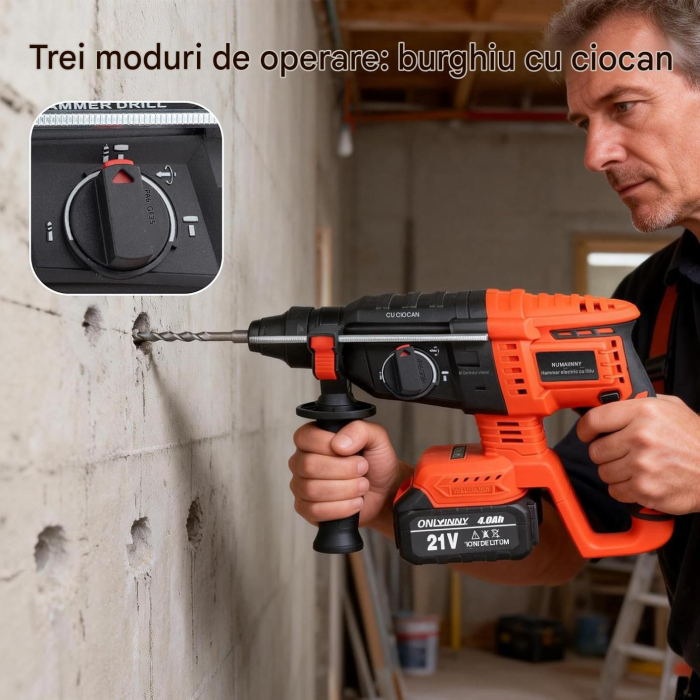 Ciocan rotopercutor 850 W cu 2 acumulatori 21V 4ah, SDS-Plus,  fără perii, incarcator si geanta [4]