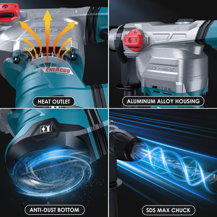 Ciocan rotativ SDS-MAX 12 Jouli 1500W, cu 3 funcții, mâner anti-vibrație și cuplare de siguranță, capacitate de conducere de 40 mm în beton, cu foraj și cip, set [3]