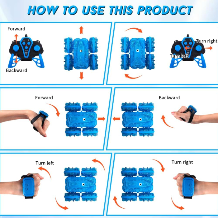 Mașinuta amfibie remote control bratara si telecomanda, impermeabila, cu lumini, albastra [4]