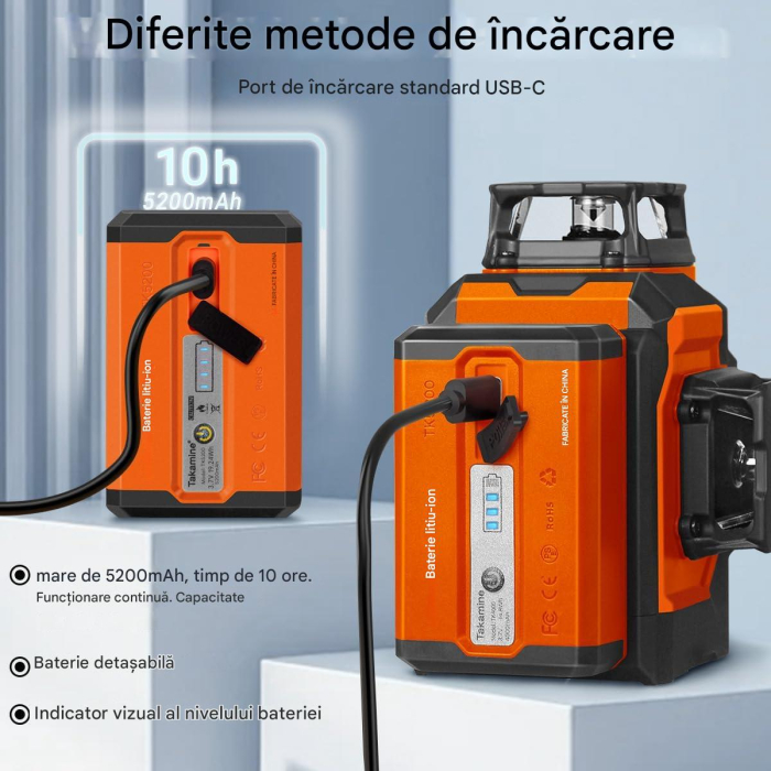Nivela laser 3D în cruce cu 12 linii reincarcabila Li-Ion 5200mAh, autonivelanta 3x360°, telecomanda [5]