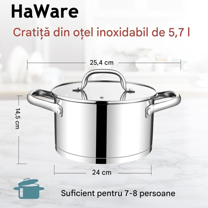 Oală mare din oțel inoxidabil 5,7L bază în 3 straturi compatibilă inducţie cu capac din sticlă [2]