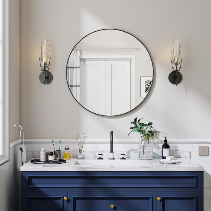 Oglinda rotunda diametru 50 cm, cu rama metal neagra 3 cm si 2 cleme pentru fixare [6]