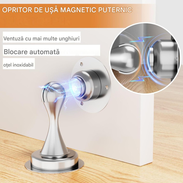 Opritor metalic argintiu pentru usi, cu retinere magnetica, fara gaurire, set 2 buc [2]