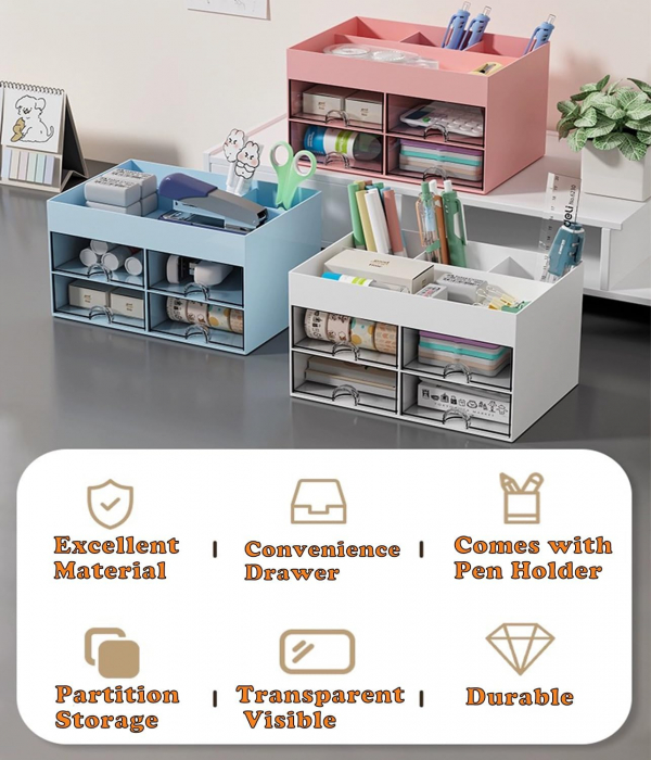 Organizator alb de birou cu 6 compartimente, 4 sertare, 21 x 14,5 x 12,5 cm [3]