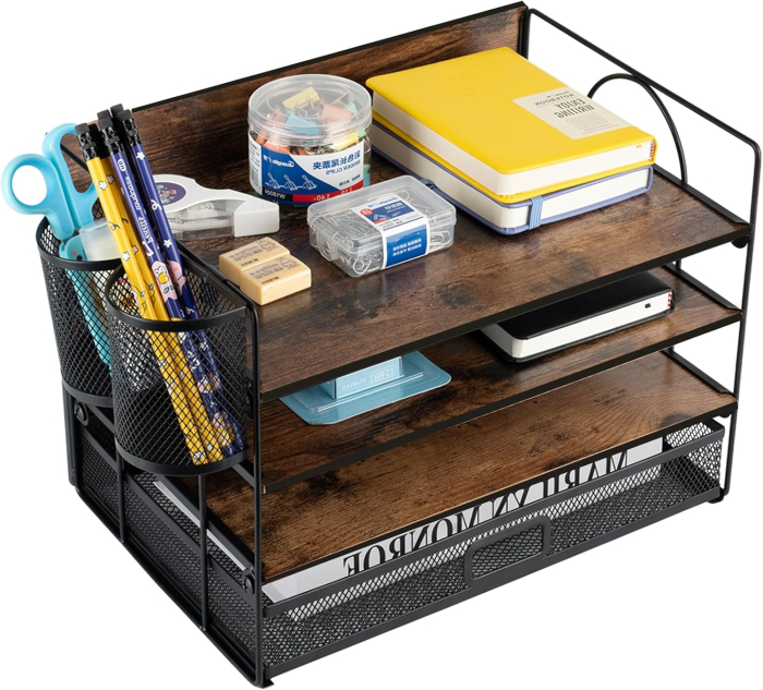 Organizator de birou din lemn cu plasa metal vintage, 4 nivele [1]
