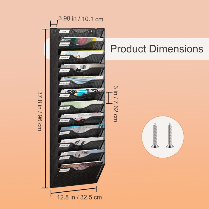 Organizator de birou din metal cu plasa, montat pe perete, 12 buzunare 32.5x10.1x96 cm [2]