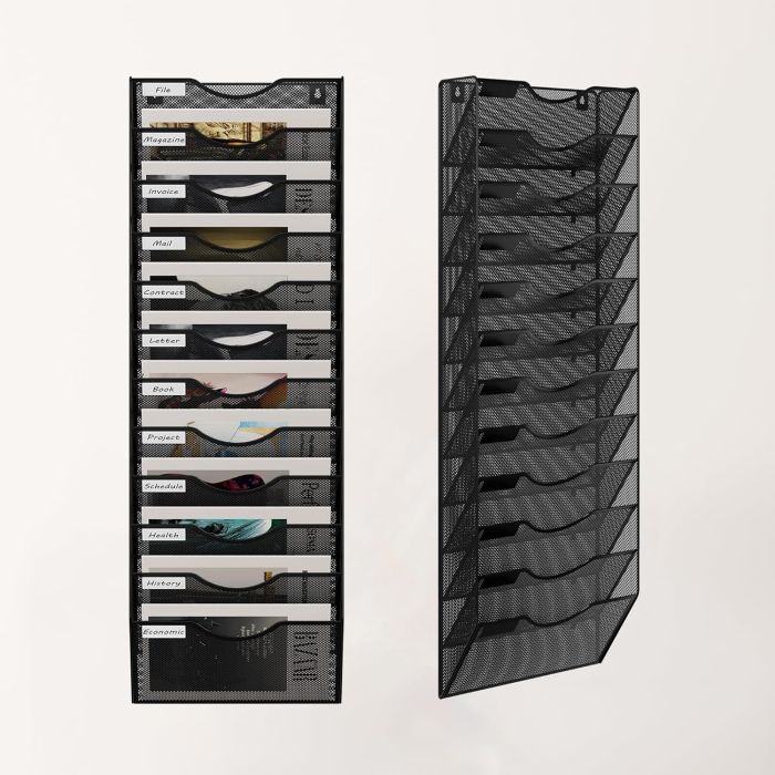 Organizator de birou din metal cu plasa, montat pe perete, 12 buzunare 32.5x10.1x96 cm [7]