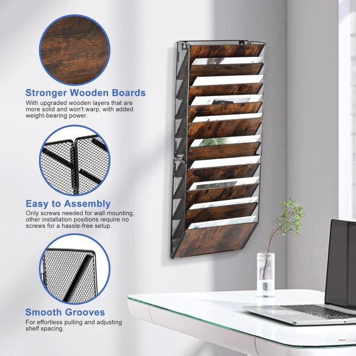 Organizator de birou din metal cu plasa, montat pe perete, 10 buzunare 33x18x82,4cm [2]