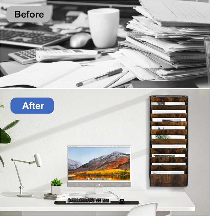 Organizator de birou din metal cu plasa, montat pe perete, 10 buzunare 33x18x82,4cm [5]