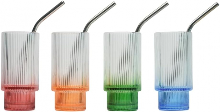 Pahare din sticla colorata 4, pentru racoritoare, cu 4 paie si perie de curatat-set [7]