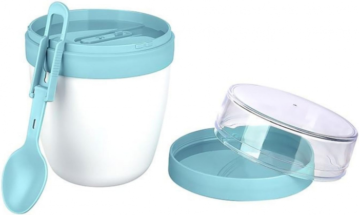 Pahare pentru pranz cu capac detasabil si lingurita, set 2 bucati de 650ml, roz+labastru [4]