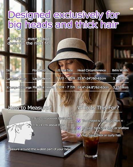 Pălărie Bucket Damă și Bărbați pentru Cap Mare, Bor Larg, Material Aspect In, Respirabilă, Șnur Reglabil, neagra 2XL [6]