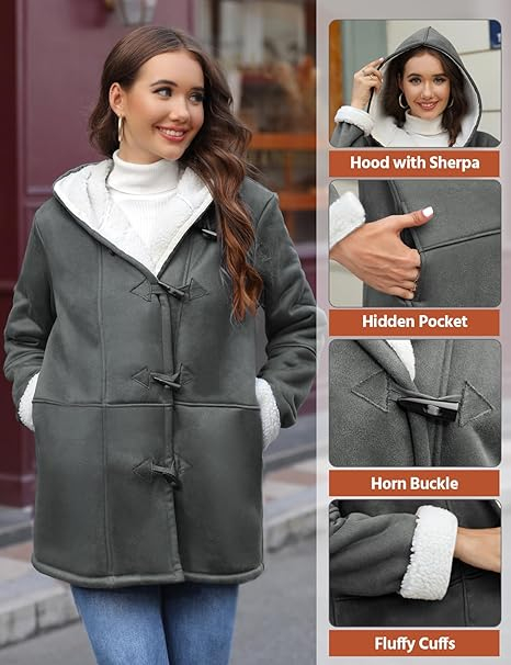 Palton casual pentru femei, imblanit, cu gluga si buzunare, Gri M [4]