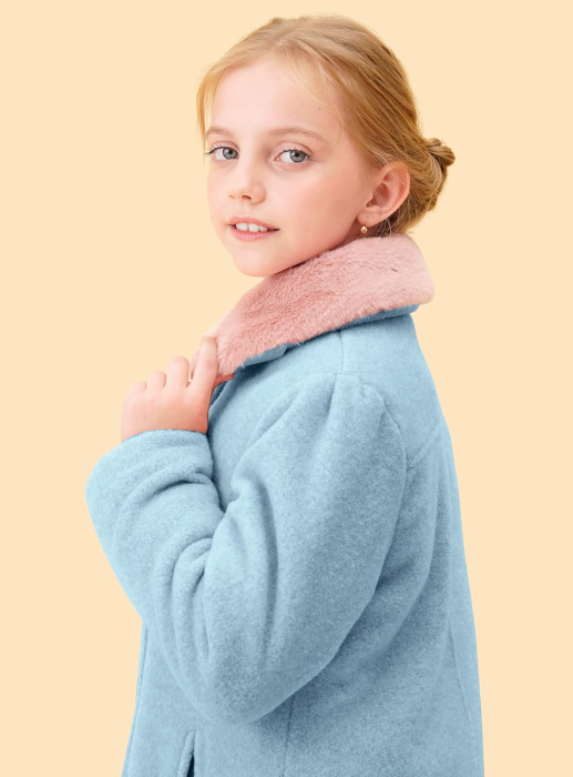 Palton casual pentru fetite, imblanit, cu guler si nasturi, albastru/roz 4 ani [4]